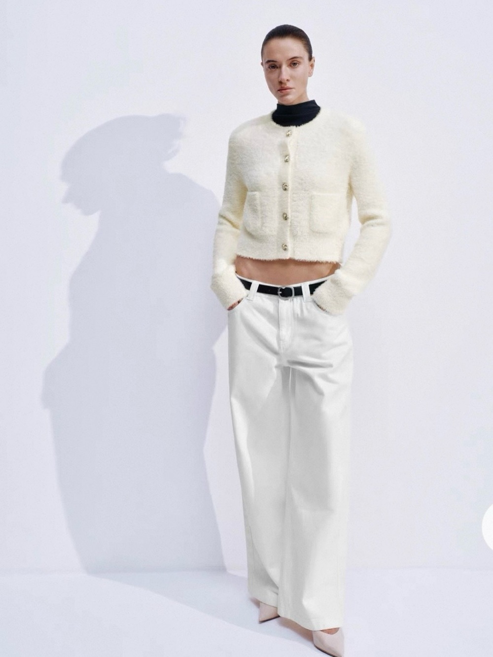 Cropped Ivory Fuzzy Button-Up Cardigan Jacket - Women